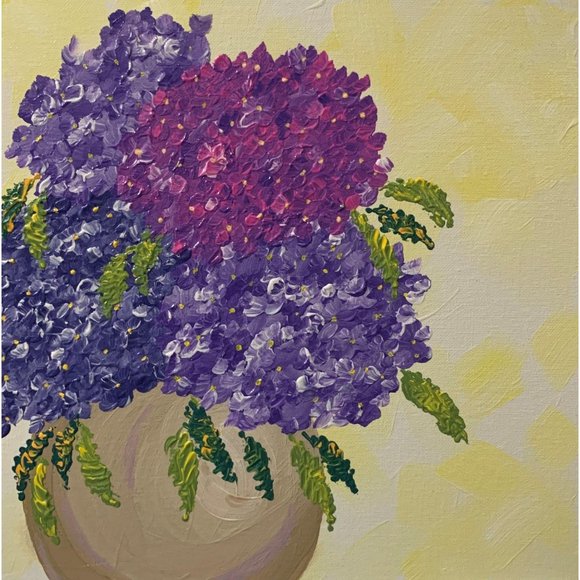 Vase of Violet Hydrangeas Floral Painting 12 x 12